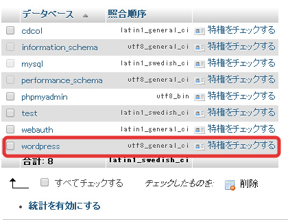 「wordpress」という名前のデータベースを作成